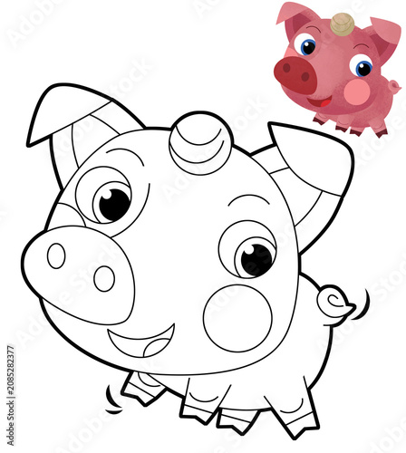 sketch cartoon scene with happy farm ranch pig animal domestic smiling with colorful preview illustration for kids