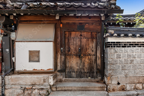 Traditional Korean hanok house rustic wooden door entrance