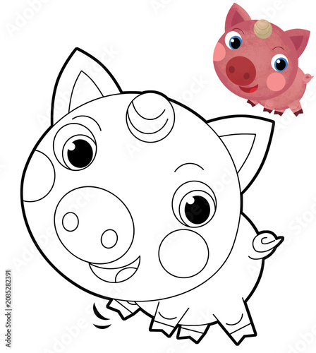 sketch cartoon scene with happy farm ranch pig animal domestic smiling with colorful preview illustration for kids