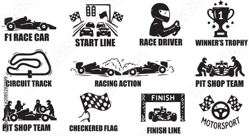 Фотография Formula One Racing Icons Set: Cars, Pit Team, Flags and Trophies