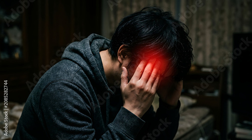 Man Suffering Severe Headache or Migraine. Stress, Anxiety, and Mental Health Pain Concept.