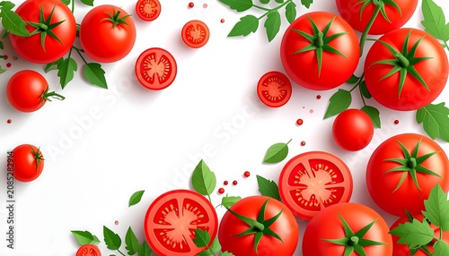 Fresh red cherry tomatoes on green stems.