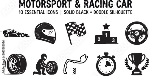 Принти на полотні Motorsport and Racing Car Vector Icons Set: Doodle Silhouette