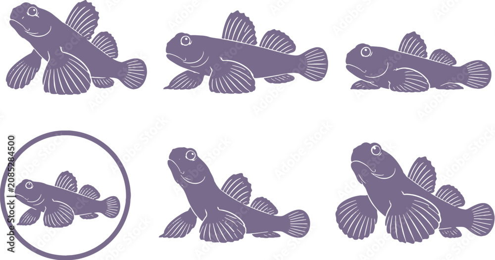 Obraz premium Yellow Watchman Goby Silhouette Icon Set Black Vector Marine Fish Collection