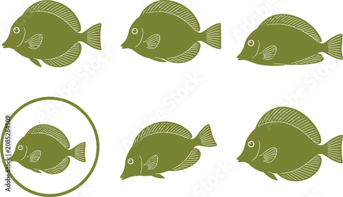 Schilderij op canvas Yellow Tang Black Silhouette Icon Set Tropical Surgeonfish Vector Collection