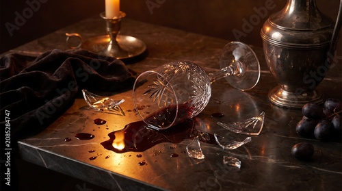 A broken crystal wine glass with spilled red wine on a dark marble table, illuminated by candlelight.