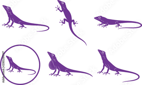 Bilde på lerret Green Anole Silhouette Icon Set Arboreal Lizard Vector Collection