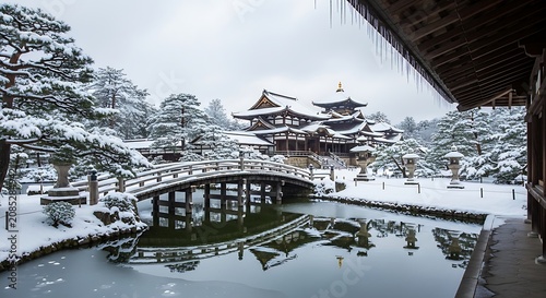 Scenic winter mountain village with wooden bridge.