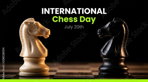 International Chess Day background featuring white and black knight pieces facing each other closely