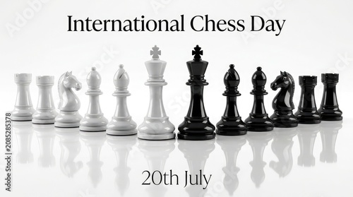 Symmetrical reflection of black and white chess pieces on a shiny clean surface for International Chess Day