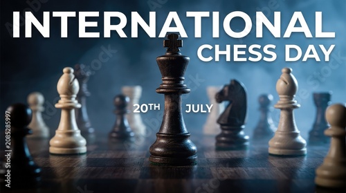 Dramatic close up shot of black king piece surrounded by dark atmosphere for International Chess Day