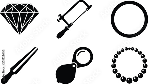 Photography Set of black and white jewelry making tools and precious items vector icons for