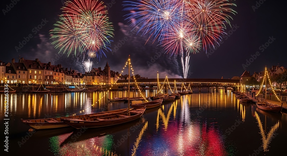 Fototapeta premium Night fireworks over illuminated bridge.