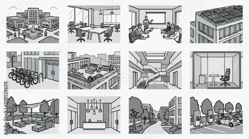 Quadro em tela Corporate Office Environment Illustrated with Monochromatic Sketches Showing Wor