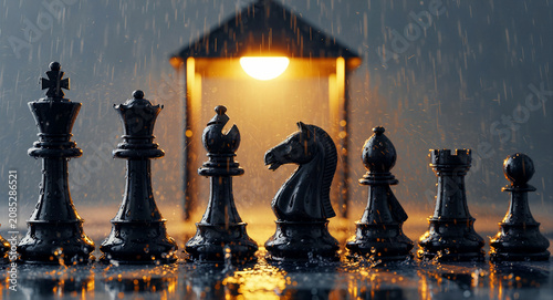 Black chess pieces standing in a row during rain. Water droplets splash on wet figures against a warm light. Resilience and strategy concept, ideal for business leadership and competition ads.