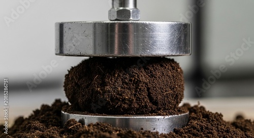 Detailed macro view of dark soil being compressed under heavy machinery