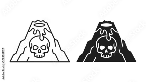 Obraz na plátně Volcano Skull Icon Set: A striking graphic representation of a volcano erupting with lava, featuring a skull motif within its fiery core, presented in both outline and silhouette styles