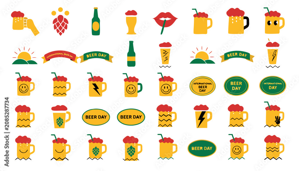 Fototapeta premium International Beer Day Flat Icon Set, Glasses, Bottles and Hop Symbols