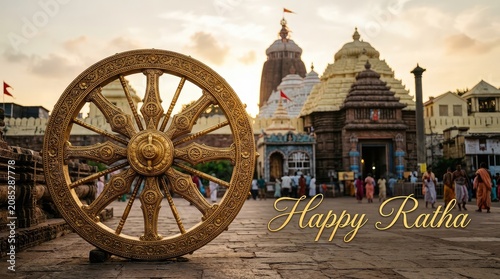 Happy Ratha Yatra card template featuring massive detailed stone chariot wheel near ancient Indian temple structures