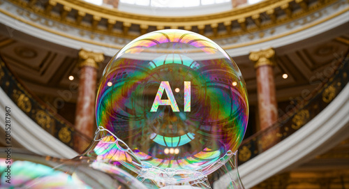 Iridescent soap bubble with AI text inside an ornate hall. Colorful sphere floating in a luxurious building. AI economic bubble and tech hype concept for financial and technology marketing.