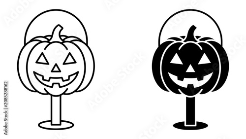 Obraz na plátně Halloween Pumpkin Jack-o'-lantern: A pair of stylized illustrations depicts a classic Halloween jack-o'-lantern carved with a spooky face and illuminated from within