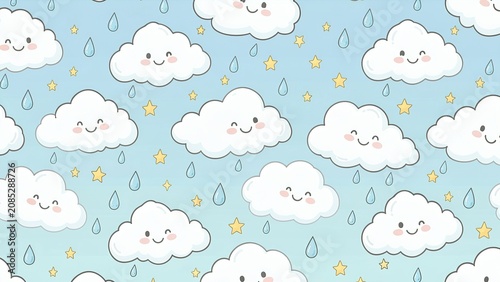 A pattern of clouds and stars on a blue background