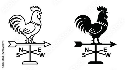Cuadro en lienzo Rooster Weather Vane Silhouette: A classic rooster perched atop a weather vane, pointing directionally with the cardinal points of North, East, South, and West