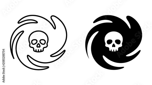 Foto Hurricane Danger Symbol: Two stylized hurricane symbols, one outlined and one filled in black, each featuring a skull at its center, representing a severe weather warning and potential danger