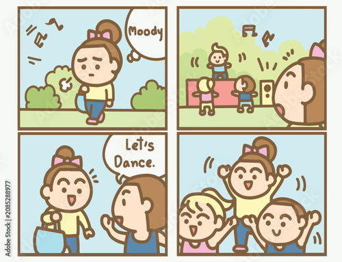 Moody woman walking in the park and feeling happy after joining a dance group comic strip