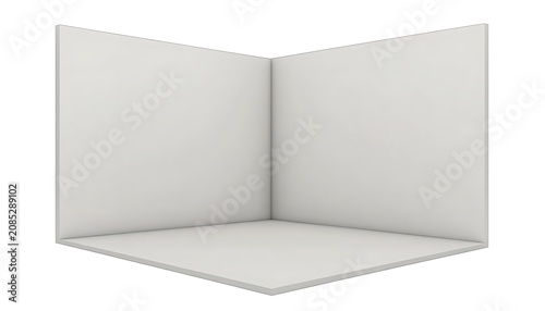 Empty corner room interior with plain white walls and floor for mockups.