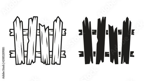 Tableau sur toile Weathered Wooden Fence: A rustic, broken wooden fence, depicted in both outline and silhouette, evokes a sense of age and disrepair