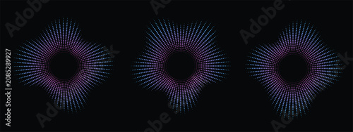 Three abstract radial sound wave patterns in purple and blue against a dark background