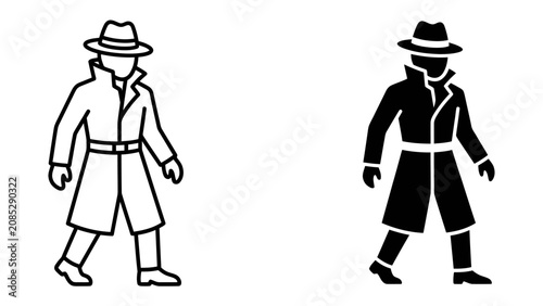 Tableau sur toile Detective Icons: Two graphic icons depicting a detective in a trench coat and fedora hat, one in outline style and the other in silhouette