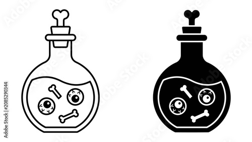 Konstfotografi Halloween Potion Bottle: A set of stylized potion bottles, one in outline and one in solid black, containing eerie eyeballs and bone fragments, perfect for Halloween-themed graphic design