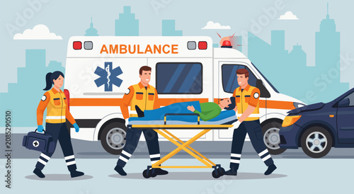 Fotografía Emergency medical team vector illustration featuring ambulance transport design