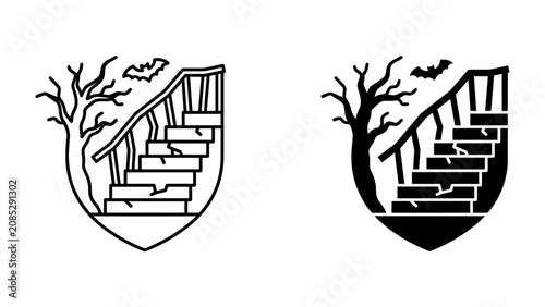 Φωτογραφία Spooky Stairs Emblem: A vintage shield design features a haunted house staircase with decaying steps, bare tree branches, and a flying bat, evoking a sense of mystery and gothic horror