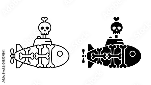 Obraz na plátně Submarine Pirate Icon: A stylized icon of a submarine, decorated with bone motifs and a skull on top, representing a pirate or danger, available in outline and filled versions
