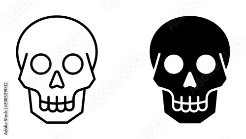 Foto Skull Icons: A minimalist design featuring two skull icons, one outlined and one filled black, representing danger and mortality