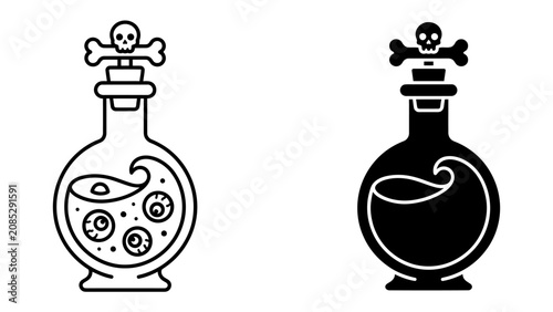Obraz na plátně Poison Potion Icon: A graphic illustration depicting two round glass bottles filled with a bubbling liquid, one a line drawing and the other a silhouette