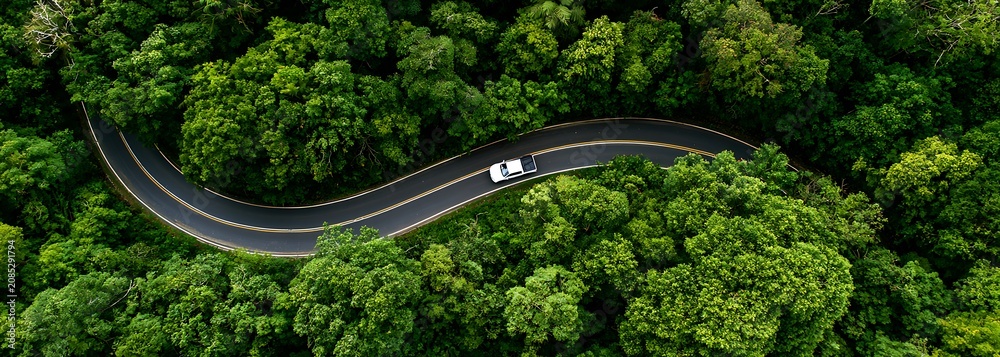 Obraz premium Aerial forest road with car creating abstract background for electric vehicle, ESG, sustainability and green investment business concepts.