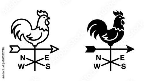 Tableau sur toile Rooster Weather Vane Icon: A set of graphic icons depicting a rooster perched atop a directional arrow, indicating wind direction with cardinal points N, S, E, W