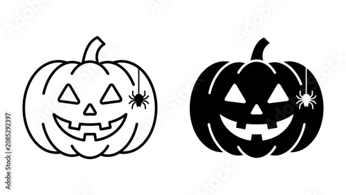 Foto Halloween Pumpkin Icon: Two carved pumpkins, one in black silhouette and the other as a line drawing, feature spooky spider embellishments, embodying the spirit of Halloween festivities