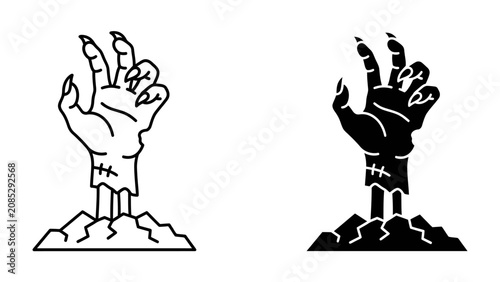 Принти на полотні Zombie Hand Emerging from Ground: A stylized illustration depicts a skeletal zombie hand, outlined and in silhouette, clawing its way out of cracked earth, embodying a chilling Halloween theme