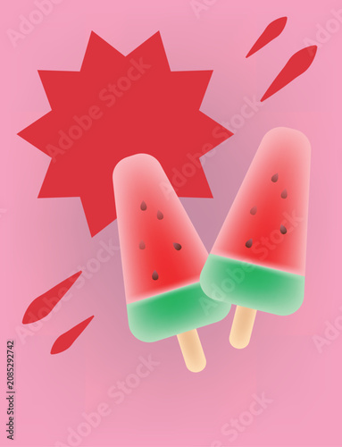 Vector watermelon ice cream popsicle lolly summer fruit sweet dessert food pop art card, mockup