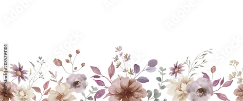 Watercolor Boho Autumn Floral Seamless Border with Dusty Rose Flowers and Dried Grasses, Rustic Botanical Horizontal Frame for Wedding Stationery. Vector EPS.