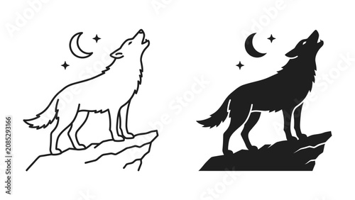 Quadro su tela Wolf howling at the moon: A striking illustration of a wolf howling at the crescent moon under a starry night sky, depicted in both outline and silhouette style
