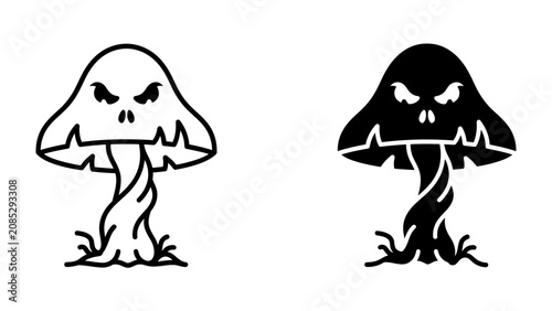 Billede på lærred Spooky Mushroom Icon: A stylized mushroom with a menacing skull-like face and twisted stem, presented in both outline and solid black versions, evoking a sense of Halloween or fantasy horror