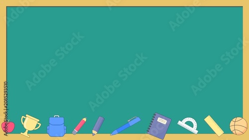 Seamless looping background animation of swinging school supplies like a backpack, pencil, and book with wide green chalkboard text copy space. Flat style back to school concept illustration