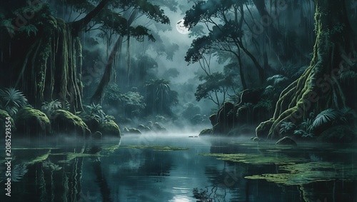 Quiet Jungle River Watercolor Background with Dense Tropical Trees.