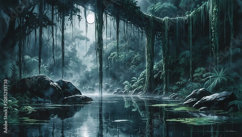 Tranquil Woodland Stream Watercolor Background with Soft Water Reflections.